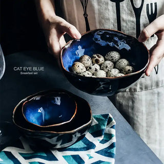 french cat eye bowl earthworks blue ceramic porcelain serving dish irregular shape set view