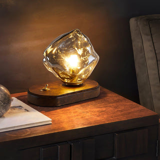 Glass wood lamp close-up — ice stone design detail