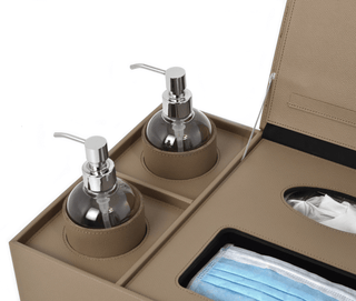 regenerated leather sanitizing kit organizer masks gloves bathroom detail