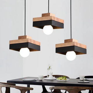 Modern rustic pendant with wooden shade and metal hardware