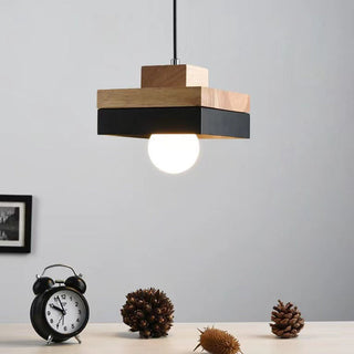 Industrial wood ceiling lamp casting warm directional beam