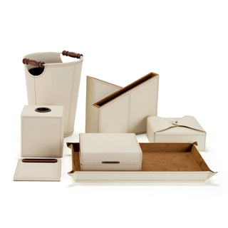 ivory desk organizer luxury vegan leather set wood panel suede lining front view