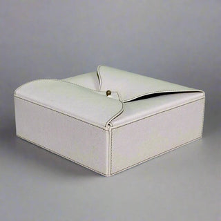 ivory desk organizer luxury vegan leather set wood panel suede lining angle view