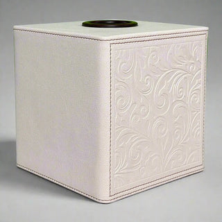 ivory desk organizer luxury vegan leather set wood panel suede lining side view