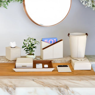 ivory desk organizer luxury vegan leather set wood panel suede lining display view