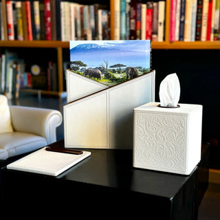 ivory desk organizer luxury vegan leather set wood panel suede lining macro view