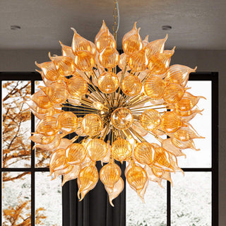 Dandelion amber glass chandelier close-up — sputnik orange fixture