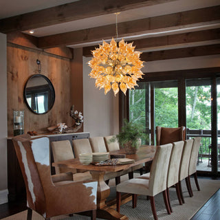 Orange glass dandelion chandelier wide view — sputnik amber light