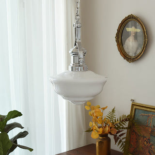 Chain glass pendant lamp detail — industrial white ceiling
