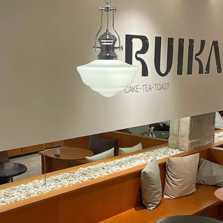 White chain pendant top view — industrial glass ceiling fixture