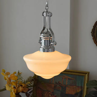 Industrial pendant side view — chain white glass ceiling lamp