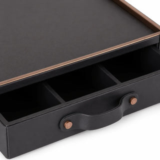 leather tea coffee box luxury amenity box gold edge trim pull-out drawer angle view