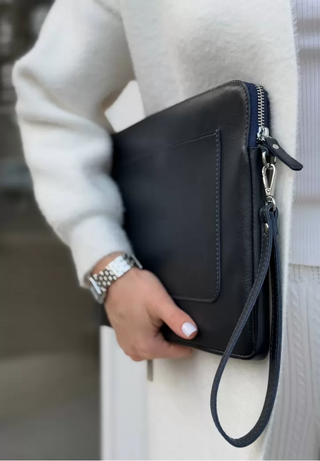 leather macbook case macbook pro 13 zipper pocket wrist strap side view