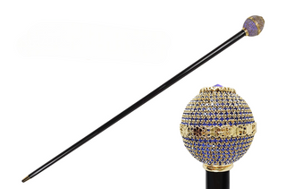 Sapphire crystal black beechwood handmade Italian luxury walking stick front view