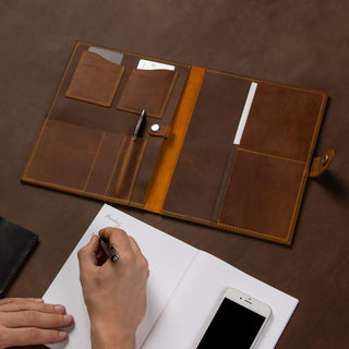 leather business portfolio handmade full grain leather padfolio business card holder side view