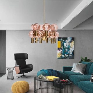 Contemporary pink chandelier illuminated — glass 12-bulb decorative warm