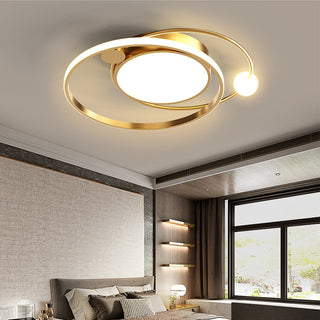 Artistic metal round ceiling light close-up, modern bedroom