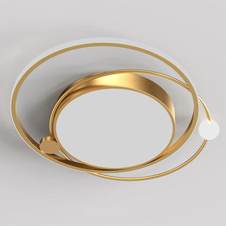Artistic round metal ceiling lamp illuminated, modern bedroom