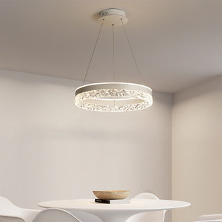 Modern LED circular pendant side view — dimmable acrylic fixture