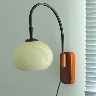 Modern wood wall light illuminated — natural wood glass indoor