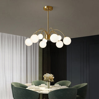 Brass bean shaped chandelier glass fixture overhead close-up