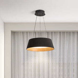 Modern pendant with ribbed shade and wood interior LED