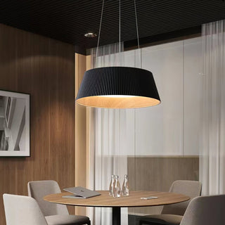 Ribbed shade pendant showing wood interior and LED detail