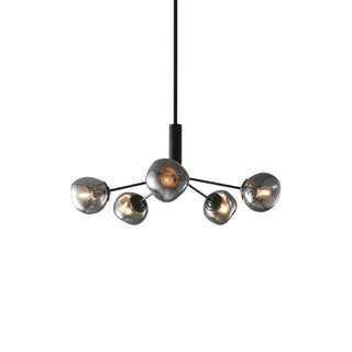 Modern glass lava chandelier side — brass molecular warm ceiling