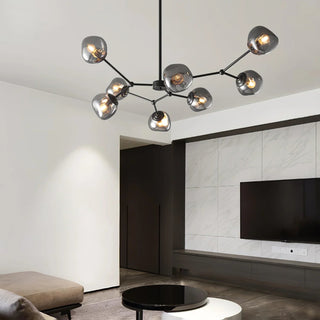 Lava glass molecular chandelier ambient — modern brass warm glow