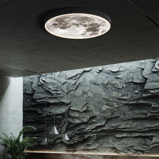 LED moon ceiling lamp illuminated, warm ambient ceiling fixture