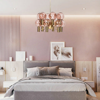 Contemporary pink glass chandelier detail — 12-bulb decorative warm