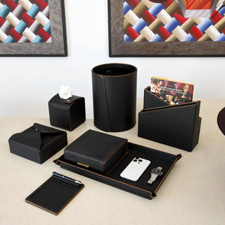 black desk organizer set modern vegan leather rose gold office accessories detail