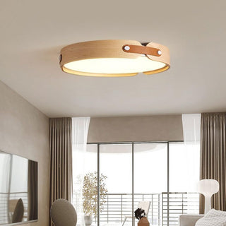 Retro round wooden ceiling fixture installed, 3 color LED