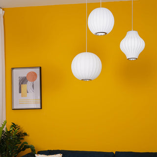 White saucer pendant — Nordic minimalist living room