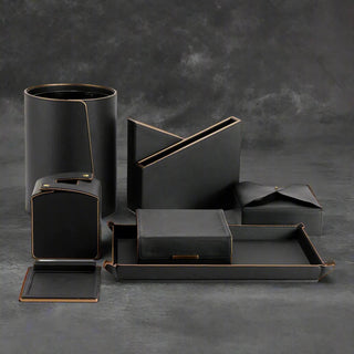 black desk organizer set modern vegan leather rose gold office accessories side view