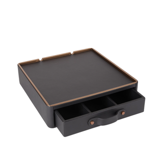 leather tea coffee box luxury amenity box gold edge trim pull-out drawer storage front view