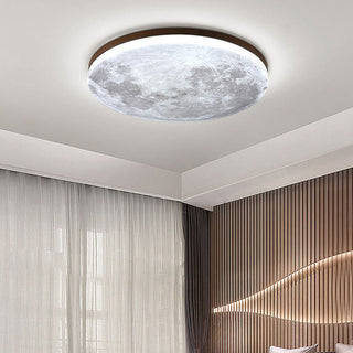 Moon ceiling lamp close-up, round modern soft LED glow