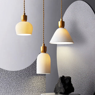 Brass and ceramic pendant in retro-inspired living room