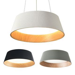 Pendant with ribbed glass shade and natural wood interior
