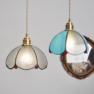 Stained glass Tiffany pendant close-up — vintage dome hanging lamp