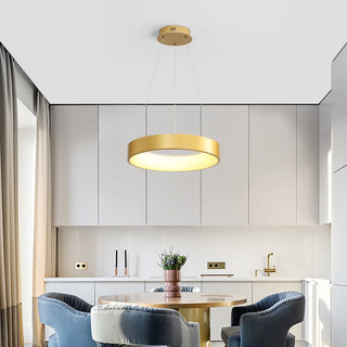LED hoop pendant light illuminated — contemporary ring ceiling fixture