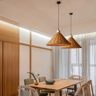 Brown basket rattan pendant lamp — kitchen island