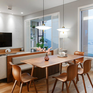 LED metal glass pendant side view — modern dining ceiling lamp