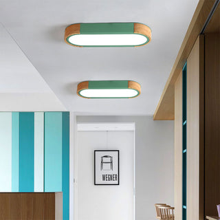 Modern wood metal ceiling light close-up, minimalist fixture