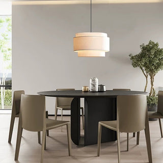 Fabric pendant with tiered beige linen drum shade