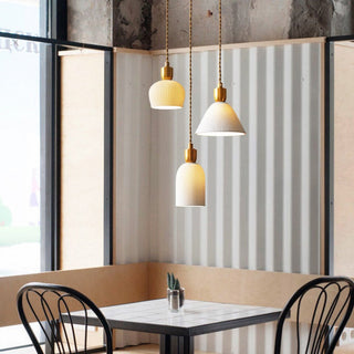 Retro brass pendant with ceramic shade and adjustable cord