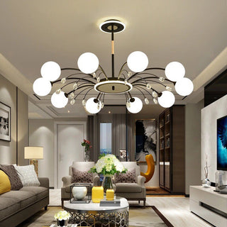 Luxury gold raindrop chandelier setting — glass ceiling wide
