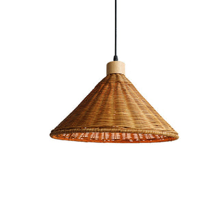 Pendant with brown rattan basket shade over island