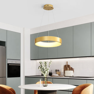 Ribbed metal ring pendant close-up — modern LED hanging lamp