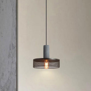 Black conical iron lampshade on hanging pendant fixture